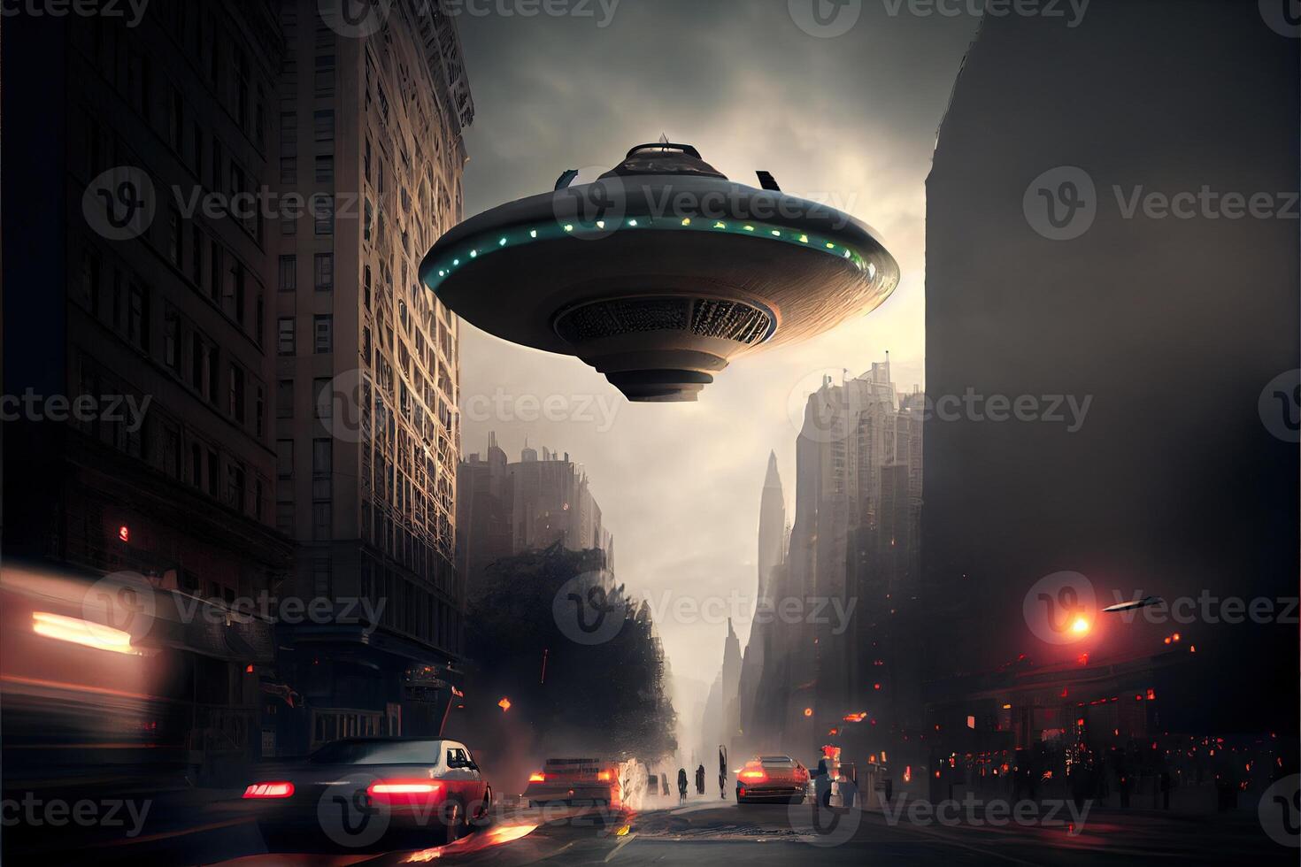 generativ ai illustration av UFO flygande i de himmel av stad foto