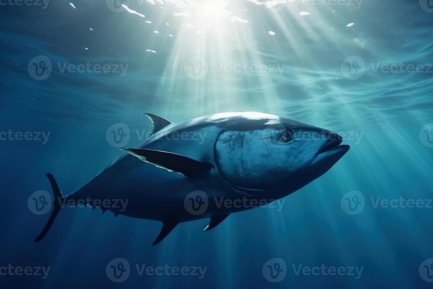 tonfisk fisk i klar blå hav vatten generativ ai foto