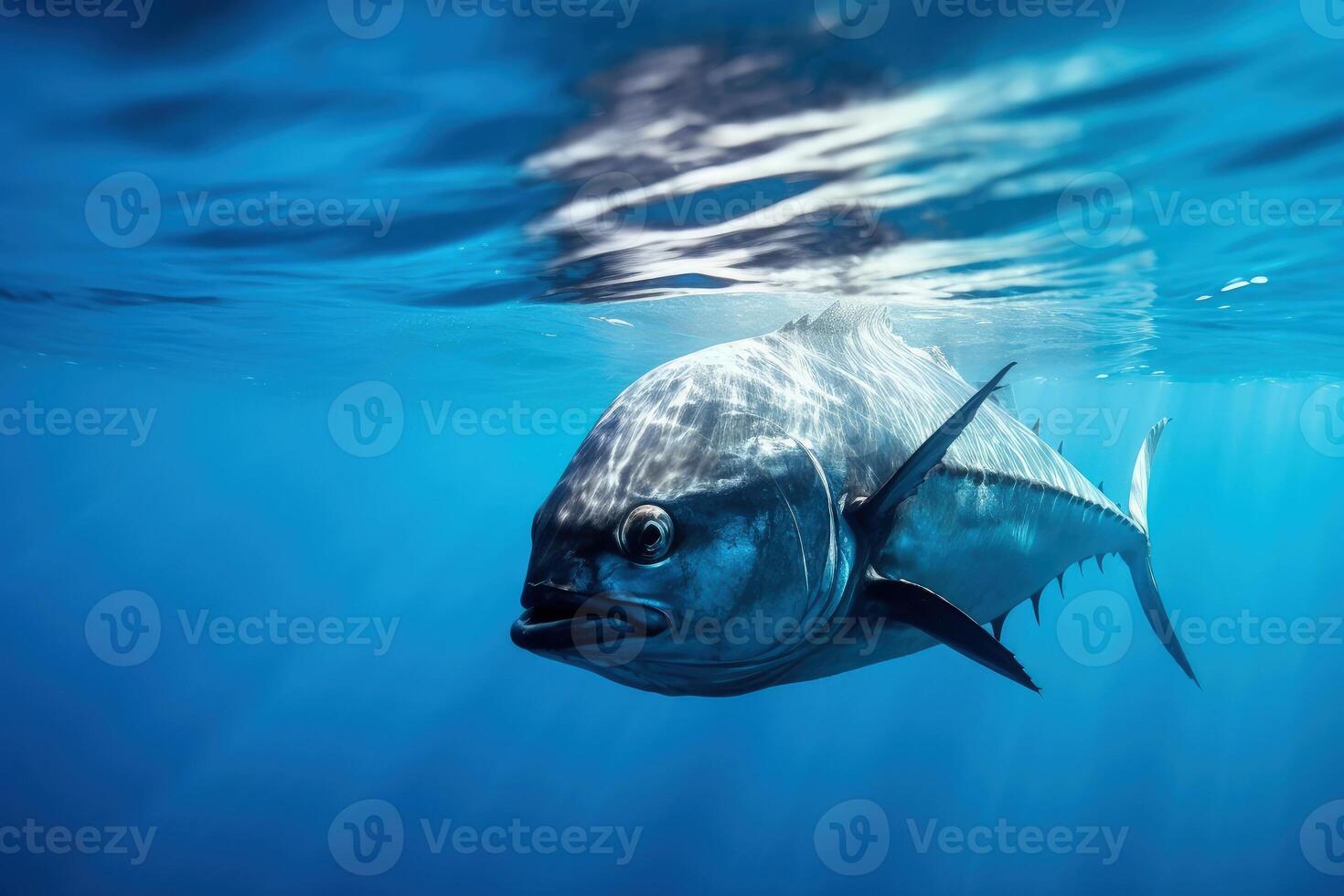 tonfisk fisk i klar blå hav vatten generativ ai foto
