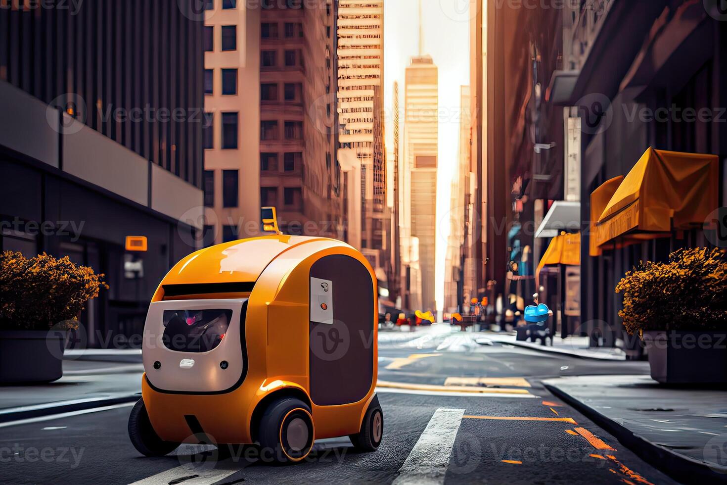 generativ ai illustration av de framtida av leverans teknologi med autonom kurir robotar i livliga urban landskap, en leverans robot som väl som autonom leverans bilar skapas förbi en företag foto