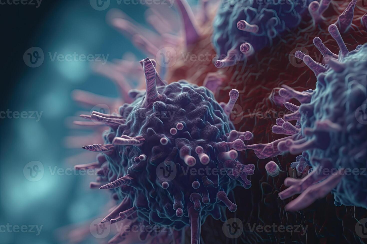mikroskop närbild av de coronavirus covid-19 sjukdom. 2019-ncov spridning i kropp cell. 3d tolkning av de bakterie på en mikroskopisk nivå. generativ ai foto