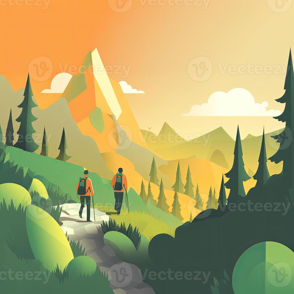 illustration på de tema av klättrande, vandring, vandring, och gående. sporter, utomhus- rekreation, äventyr i natur, semester. reslust. nedväxling. modern platt design. generativ ai foto