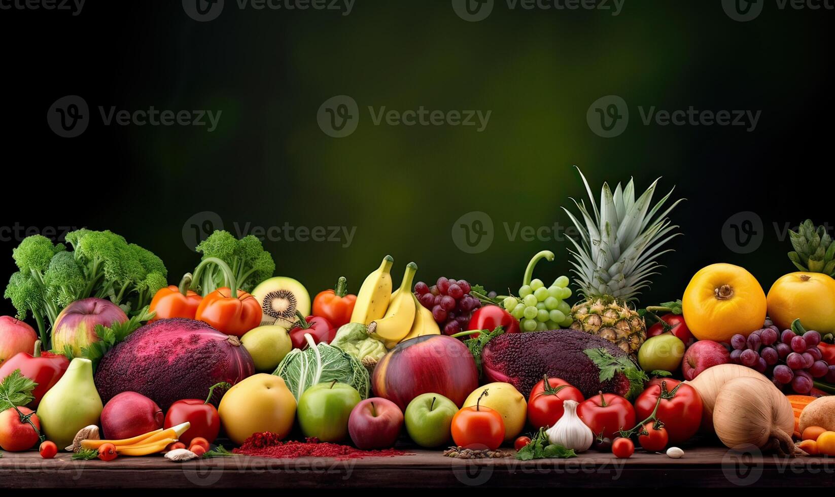 frukter, grönsaker, och bär för din layout på grön suddig bakgrund. färsk grönsaker och frukt bakgrund. generativ ai. foto