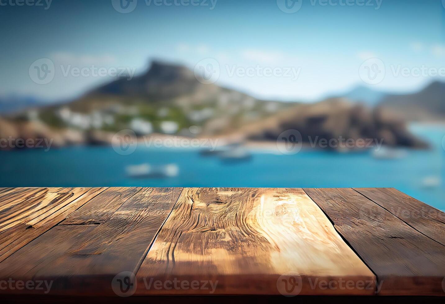 brun trä- tabell, skön trä textur, och mönster med suddig tropisk naturlig landskap, berg. generativ ai. foto