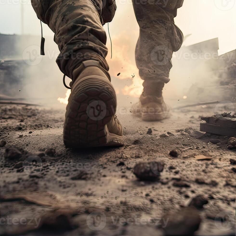 stänga upp illustration av en militär man gående på ett tömma förstörd miljö. förstörelse, krig scen. rök och dimma. ledsen bekämpa känsla. generativ ai foto