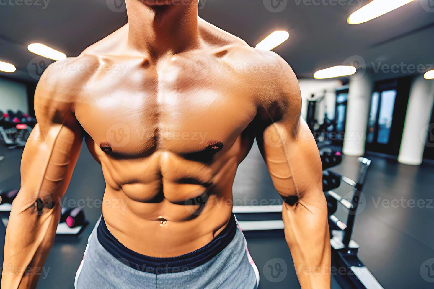 närbild muskel man i Gym som visar magmuskler, generativ ai foto