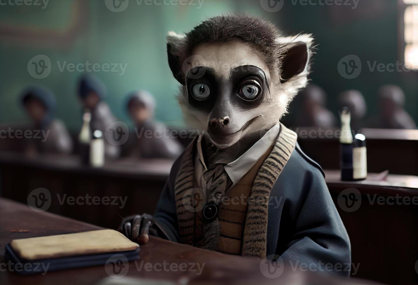 porträtt av ett antropomorf lemur klädd som en skol i en klassrum. generera ai. foto