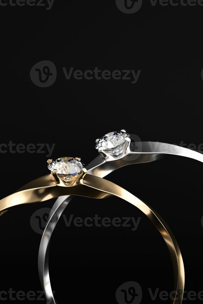 guld och silver diamant ring par isolerade på svart bakgrund, 3d-rendering foto