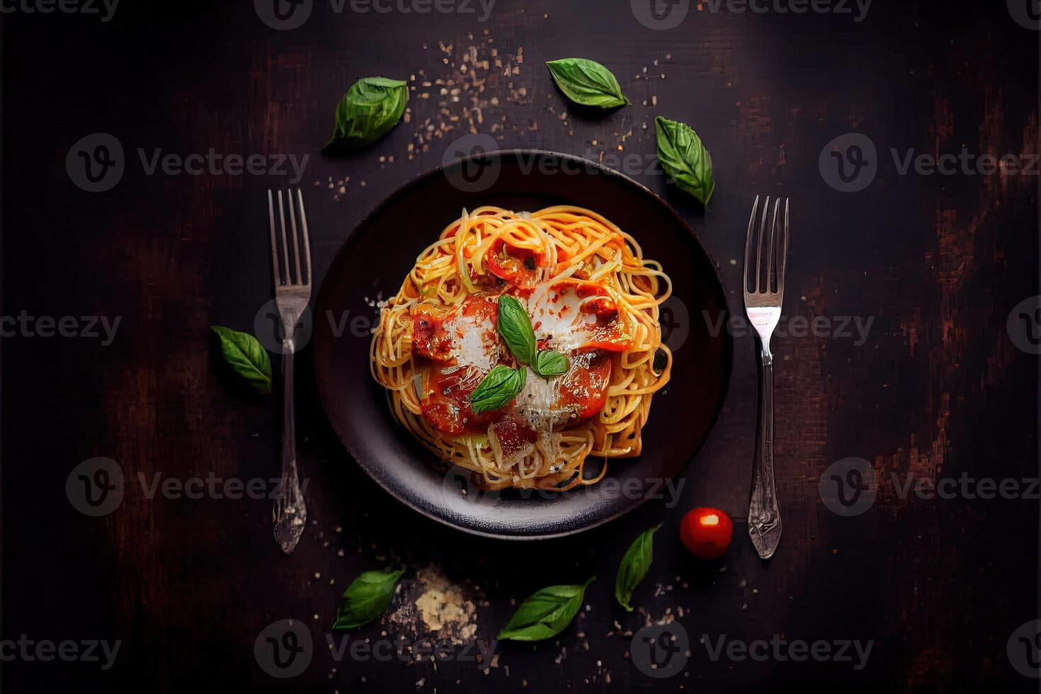 generativ ai illustration av gott aptitlig klassisk italiensk spaghetti pasta med tomat sås, ost parmesan och basilika på tallrik på mörk tabell. se från ovan foto