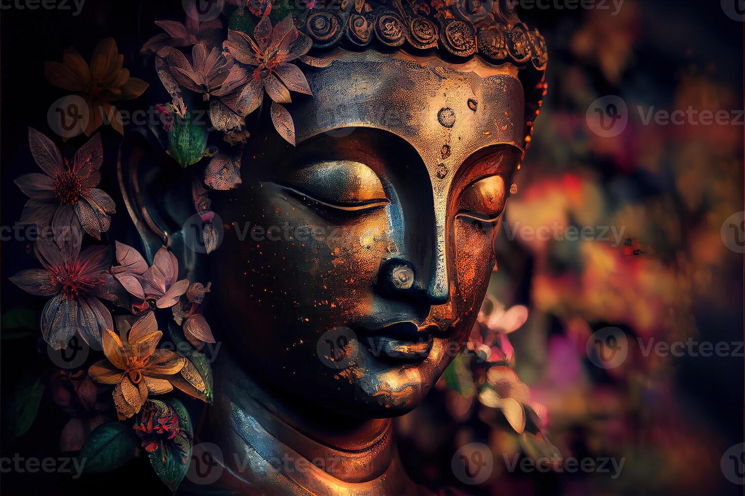 generativ ai illustration av abstrakt levande buddha, blommor, magi belysning, skön metallisk och sten färger, detaljerad, naturlig belysning, naturlig miljö. digitalt genererad bild foto