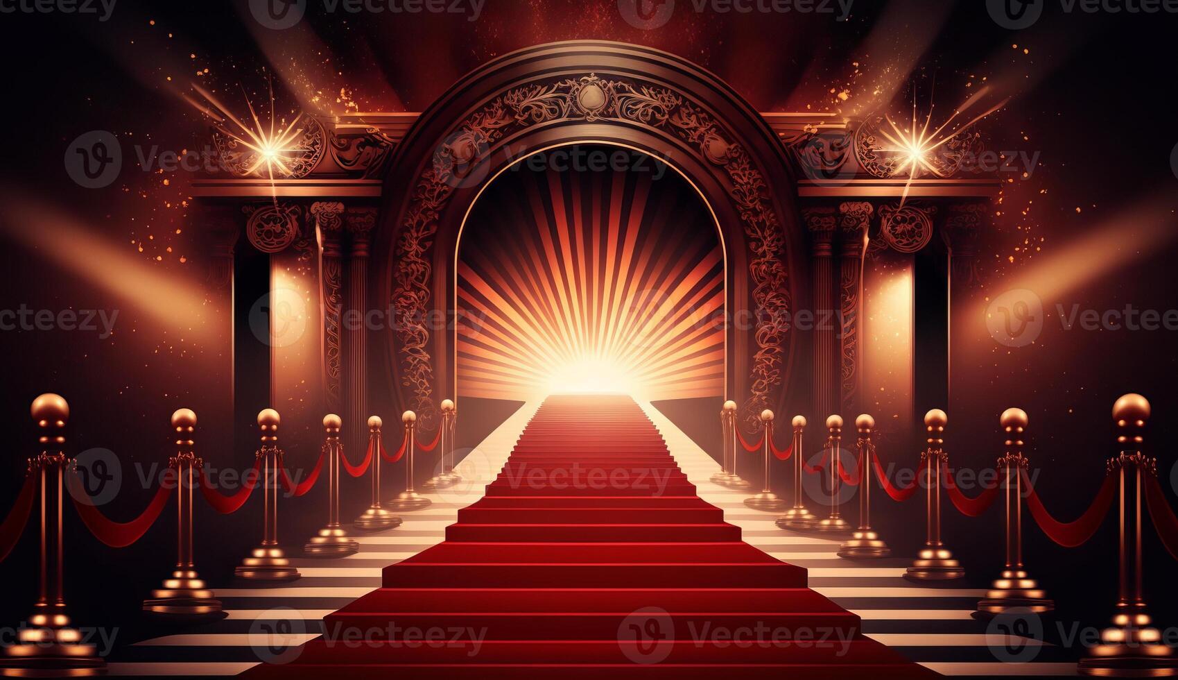 röd matta bollywood skede. steg fläck lampor. gyllene kunglig utmärkelser grafik bakgrund. generativ ai foto