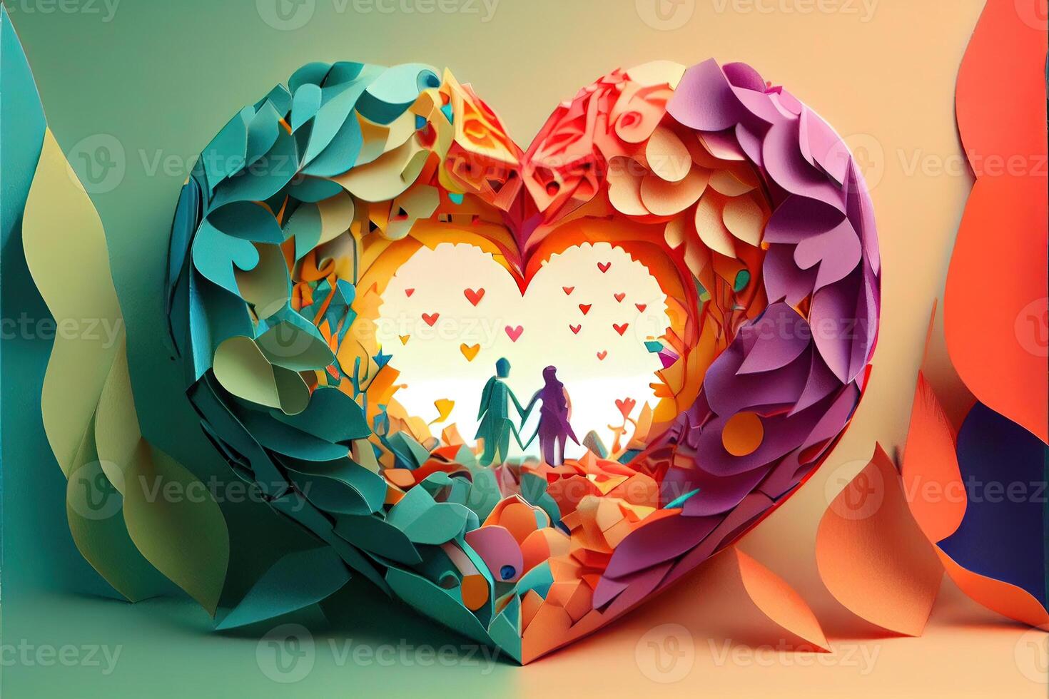 generativ ai illustration av origami valentine dag bakgrund, Lycklig par, färgrik. papper skära hantverk, 3d papper stil. neuralt nätverk genererad konst. digitalt genererad bild foto