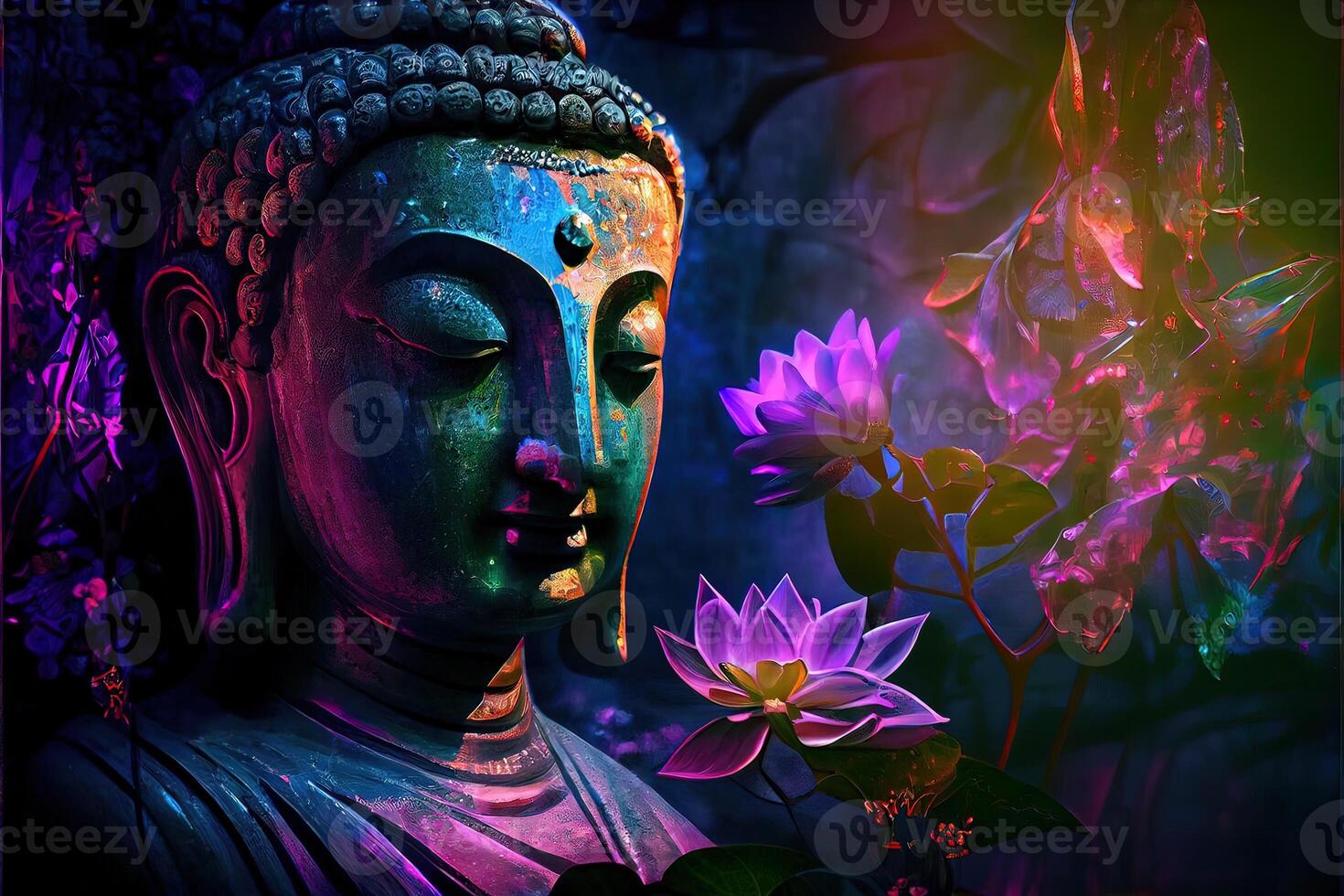 generativ ai illustration av abstrakt levande buddha, blommor, magi belysning, skön metallisk och sten färger, detaljerad, naturlig belysning, naturlig miljö. digitalt genererad bild foto