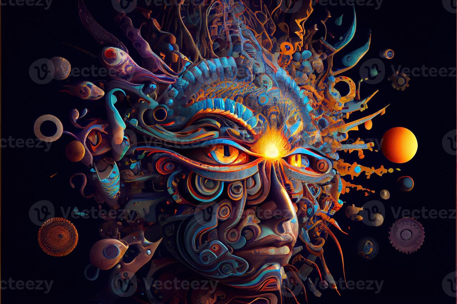 generativ ai illustration av högre, yoga koppla av kyla ut dmt visioner anda. 7 färgad chakran meditation dmt hallucinationer. multiversum ansluten genom en nervös systemet - trippy psychedelic foto