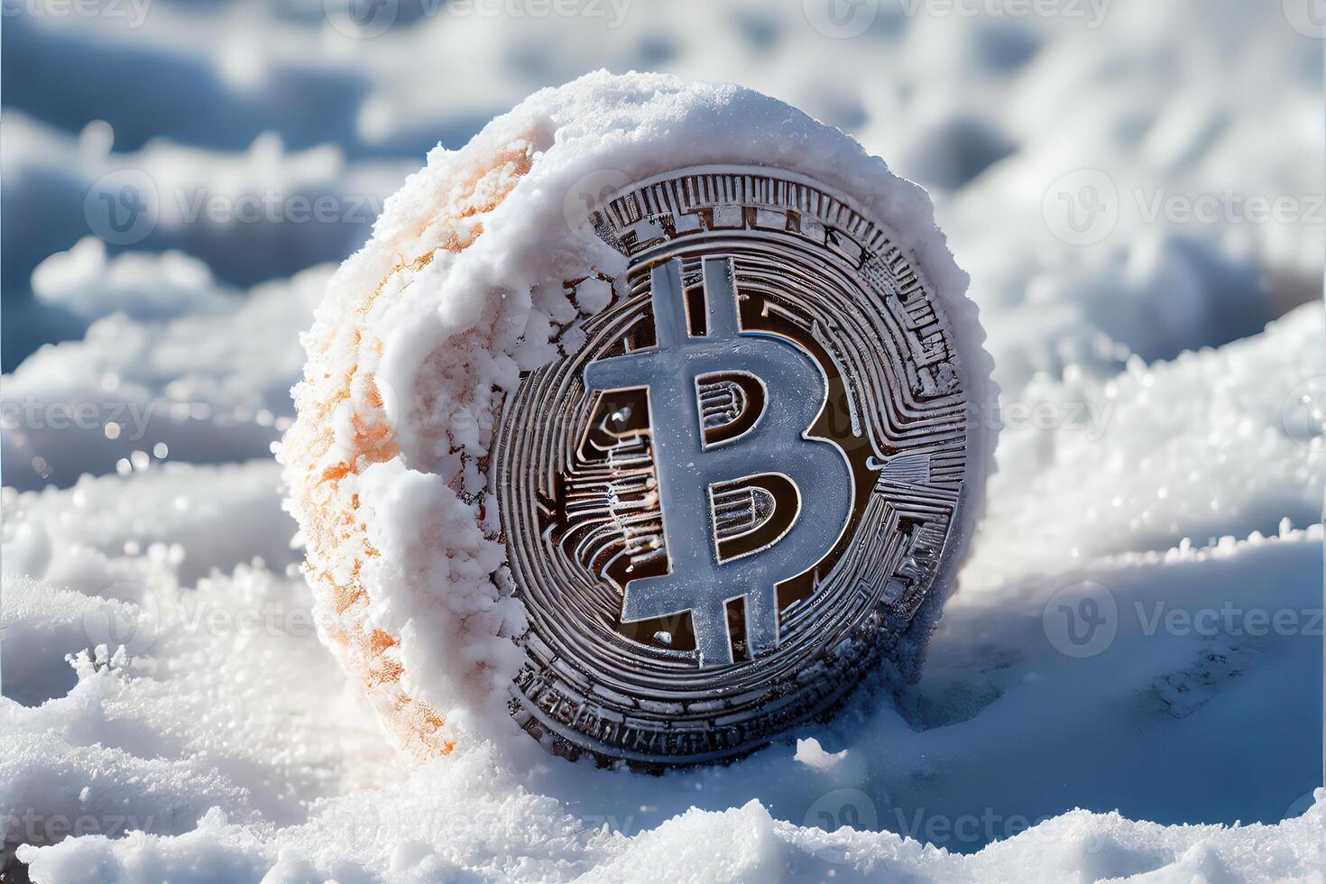 generativ ai illustration av frysta bitcoin, kall och snö. bit mynt symbol i is och snö foto
