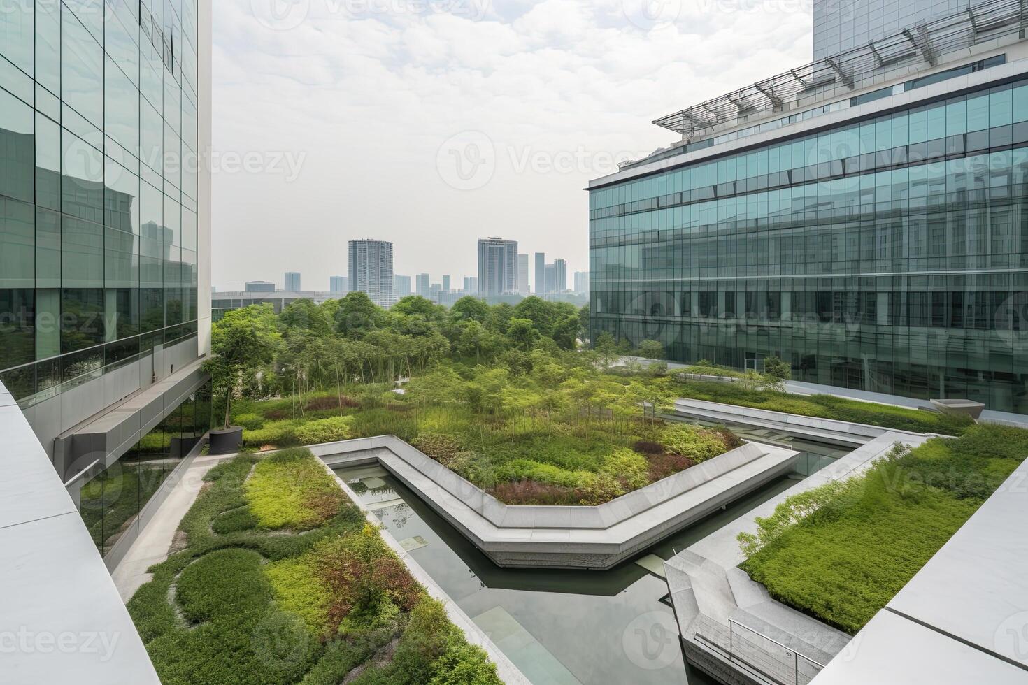 generativ ai illustration av underbar trädgård på de taket av en samtida glas kontor byggnad i Asien foto
