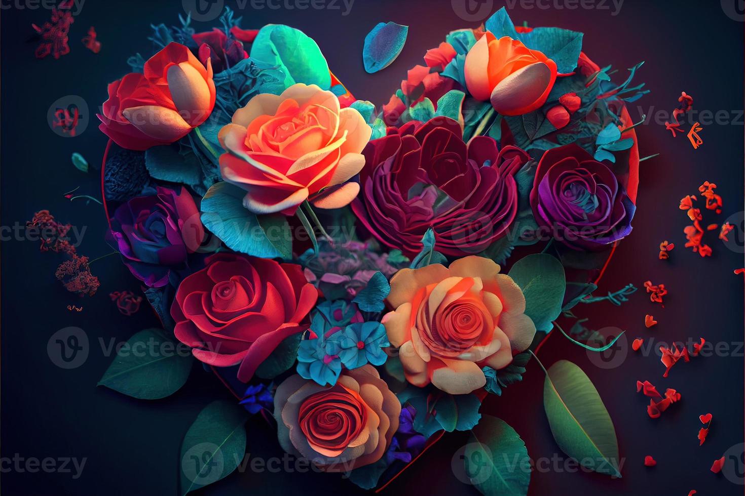 valentines dag bakgrund, kärlek hjärta form göra förbi reste sig, körsbär blomma, daisy blommor... . neuralt nätverk genererad konst. digitalt genererad bild. inte baserad på några faktisk scen eller mönster. foto