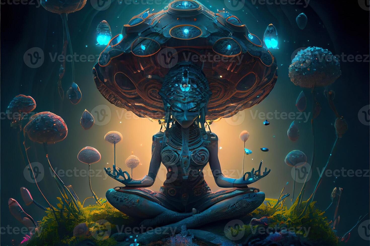 generativ ai illustration av högre, yoga koppla av kyla ut dmt visioner anda. 7 färgad chakran meditation dmt hallucinationer. multiversum ansluten genom en nervös systemet - trippy psychedelic foto