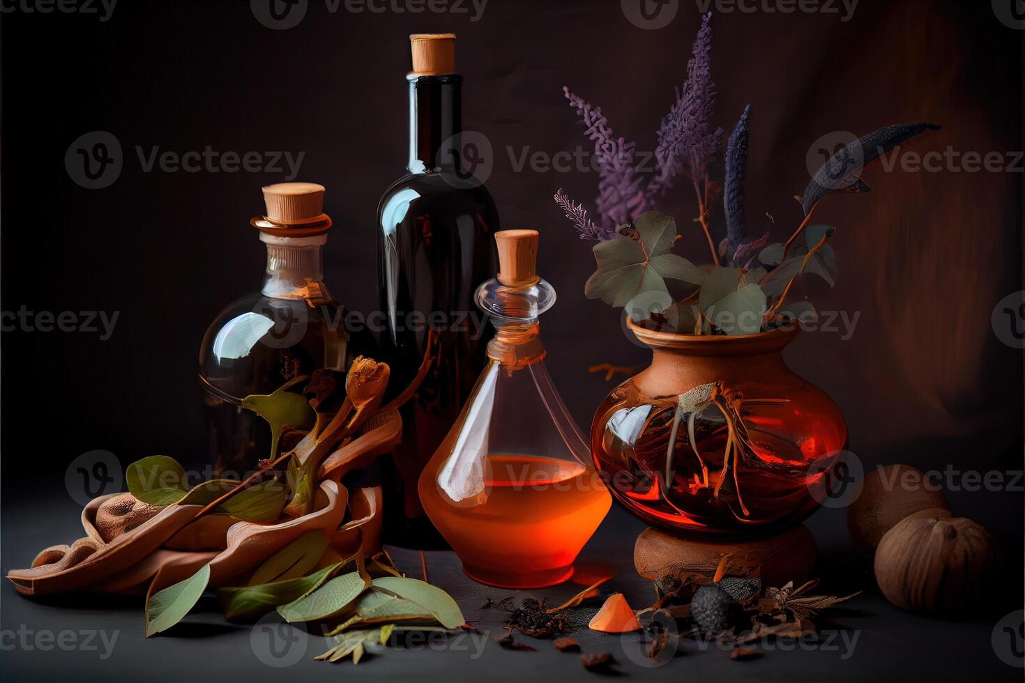 generativ ai illustration av de Ingredienser av en blomma vas anordnad för en häxans kokbok. örter, flaskor, flaskor, terrakotta blandning pott foto