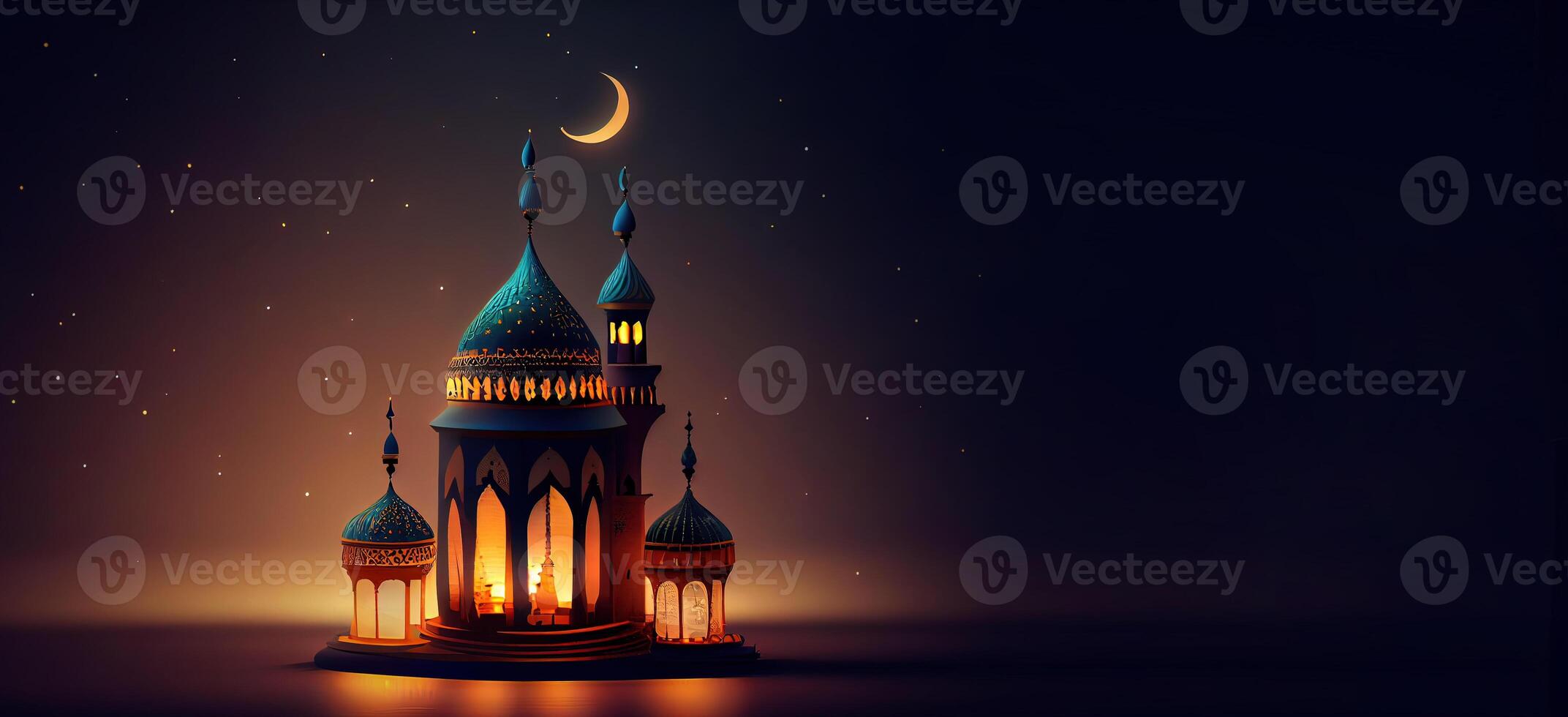 generativ ai illustration av islamic Semester. ramadan natt. moské och lykta visas på stadier med lysande ljus i de kväll. tapet och baner bakgrund. foto