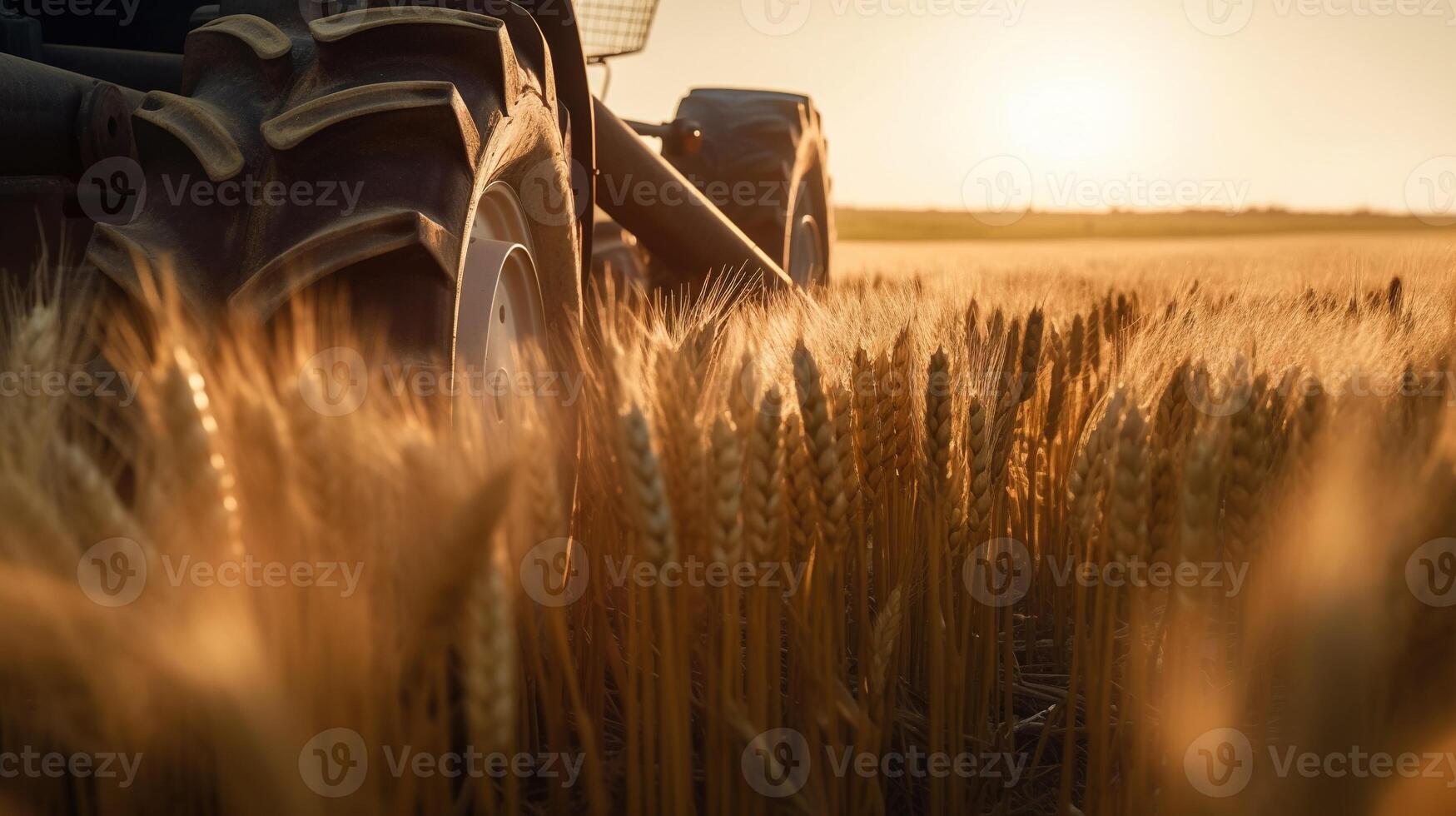 generativ ai, närbild modern kombinera tröskor på en vete fält, bruka landskap, jordbruks skön landsbygden. natur illustration, fotorealistisk horisontell baner. foto