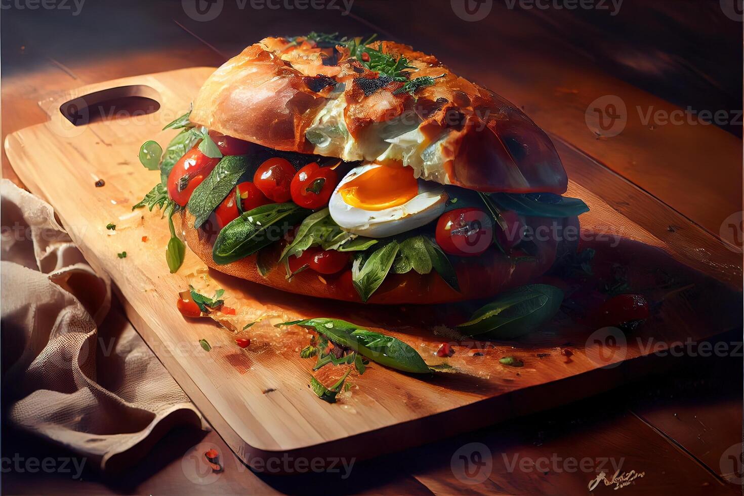 generativ ai illustration av lyx italiensk Sol smörgås, Sammanträde på en trä styrelse i en små italiensk deli foto