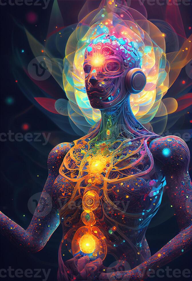 generativ ai illustration av högre, yoga koppla av kyla ut dmt visioner anda. 7 färgad chakran meditation dmt hallucinationer. multiversum ansluten genom en nervös systemet - trippy psychedelic foto