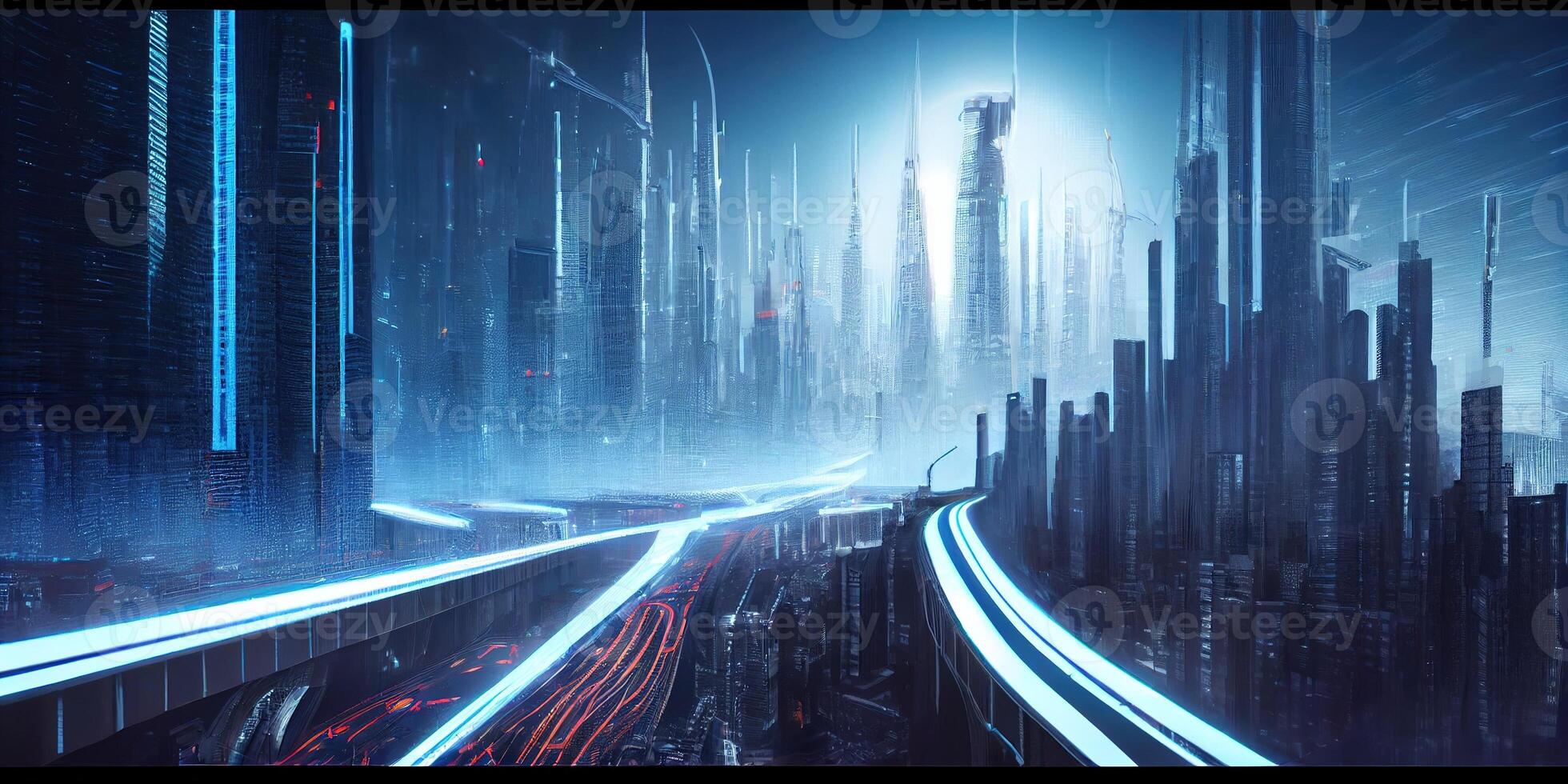 generativ ai illustration av fantasi trogen stad med motorvägar och skyskrapor, cyber stad foto
