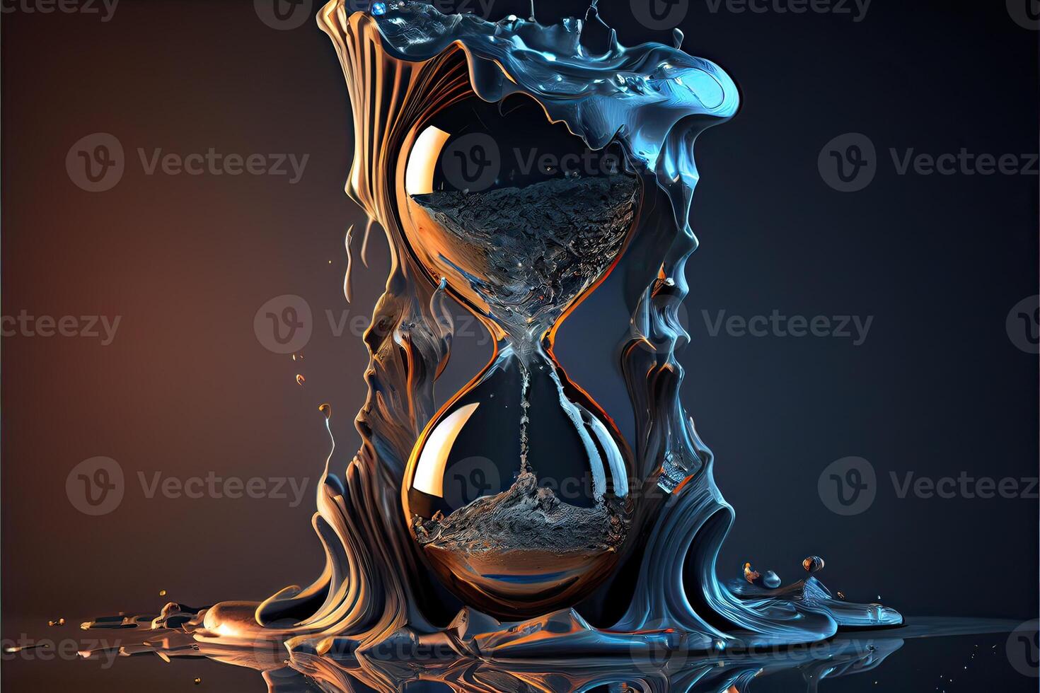 generativ ai illustration av de illusion av tid, en overkligt klocka tillverkad av gyllene och kvicksilver material, smältande i en förvrängd och vätska sätt foto