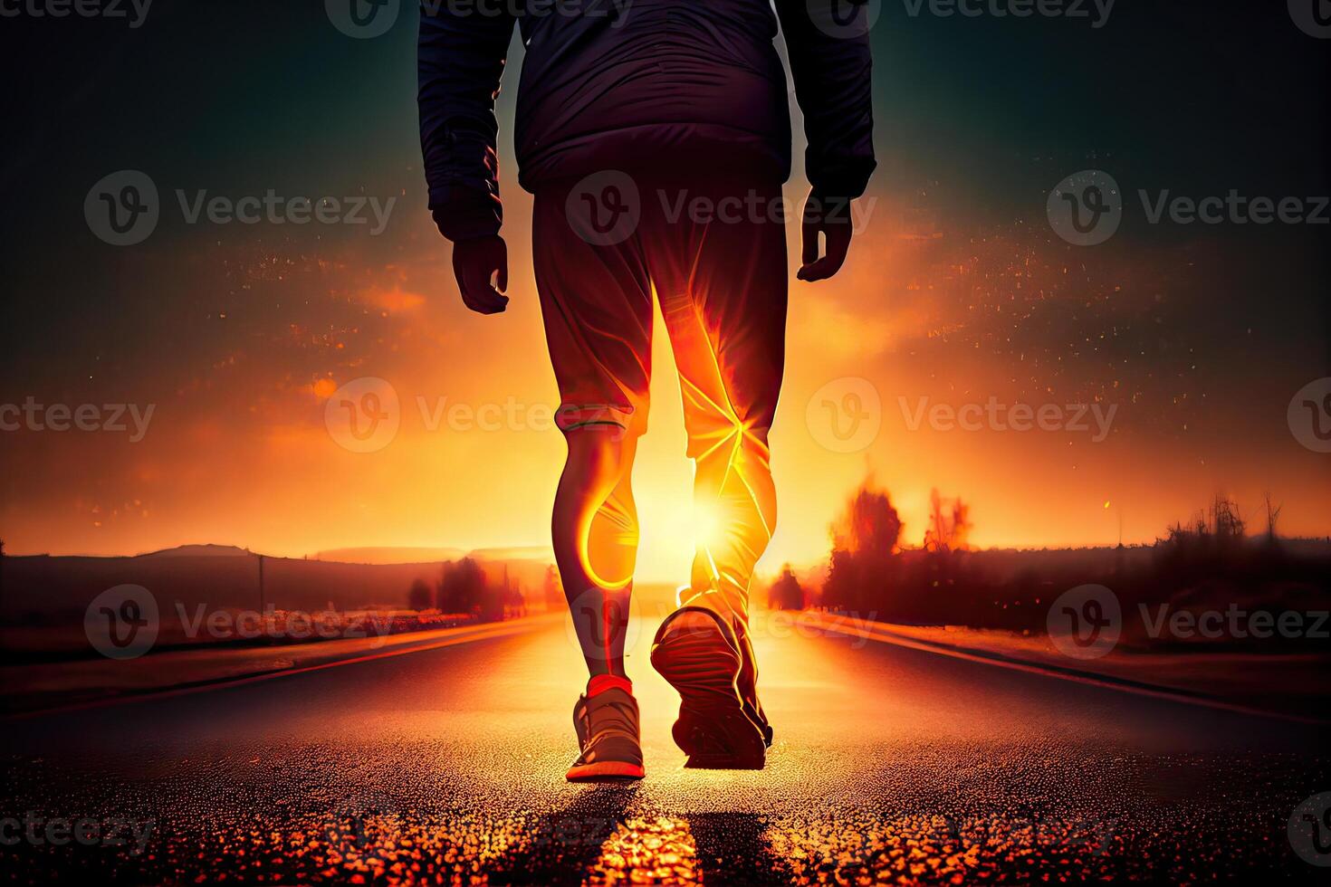 generativ ai illustration av ett atletisk man gående på en folktom väg in i de solnedgång. de bild är fokuserade på de mannens ben, som understryker hans fysisk kondition och bestämning foto