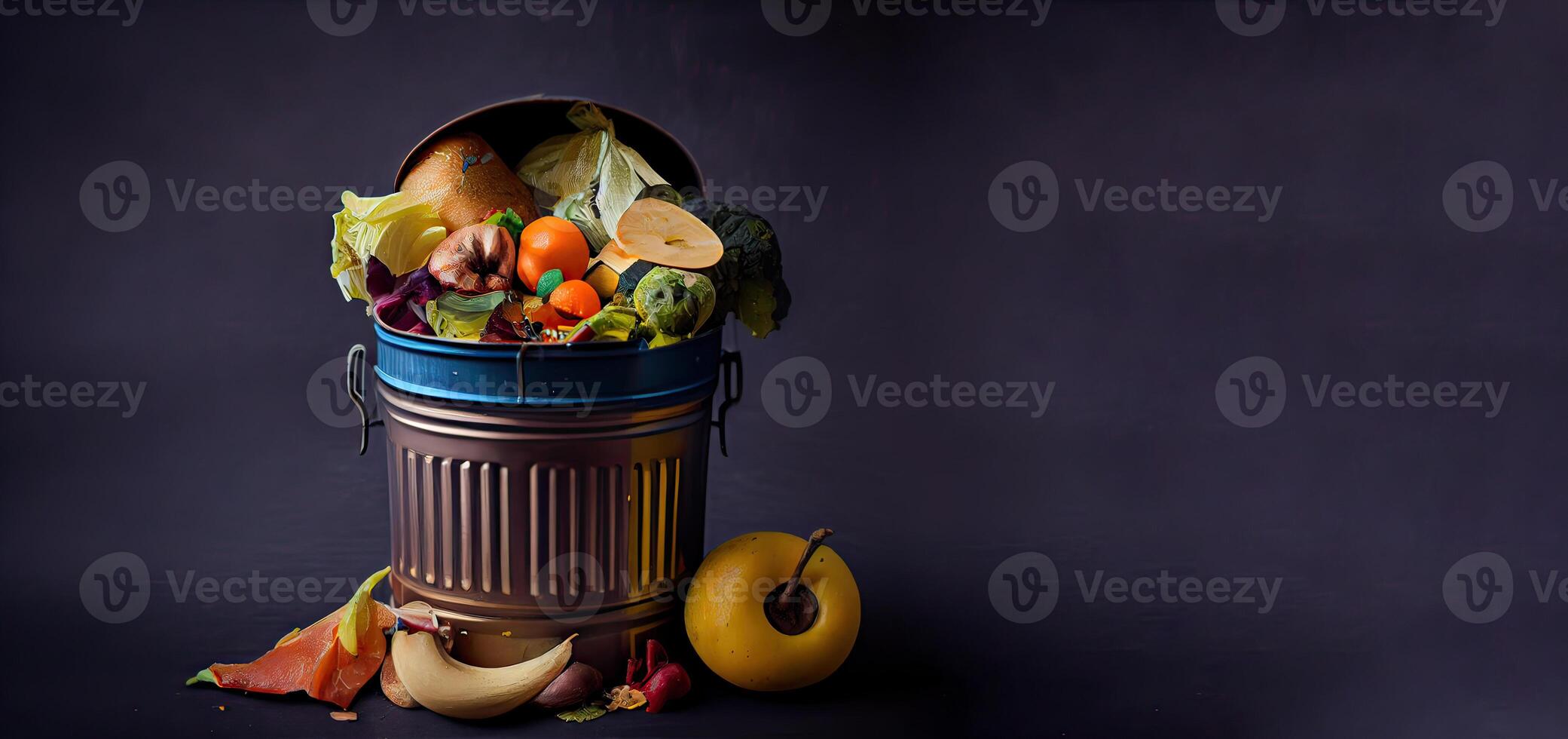 generativ ai illustration av oanvänd, rutten grönsaker är kasseras av i de skräp. mat avfall och mat förlust få befria av mat avfall på Hem foto