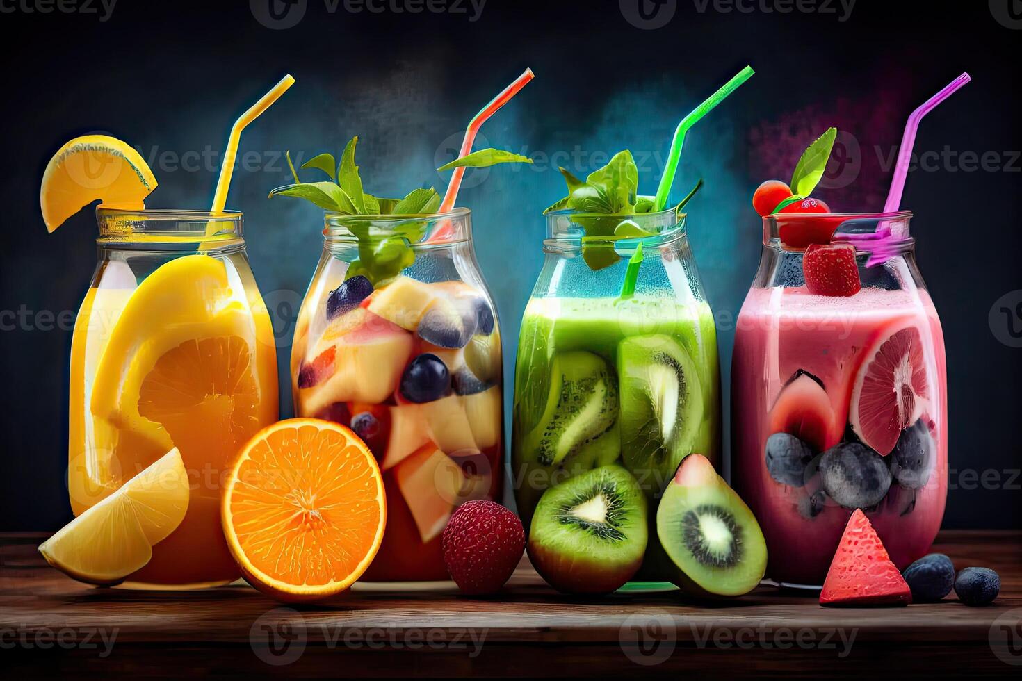 generativ ai illustration av smoothies och juicer tillverkad från en mängd av färsk frukt från de tropikerna. rena äter, en friska diet, och vitamin infuserad drycker är koncept, suddig bakgrund foto