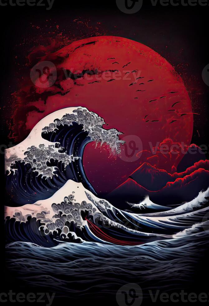 generativ ai illustration av en hav mörk natt landskap. röd månsken reflekterad i de vågor av de hav. hav stormig Vinka med skum, japansk konst stil foto