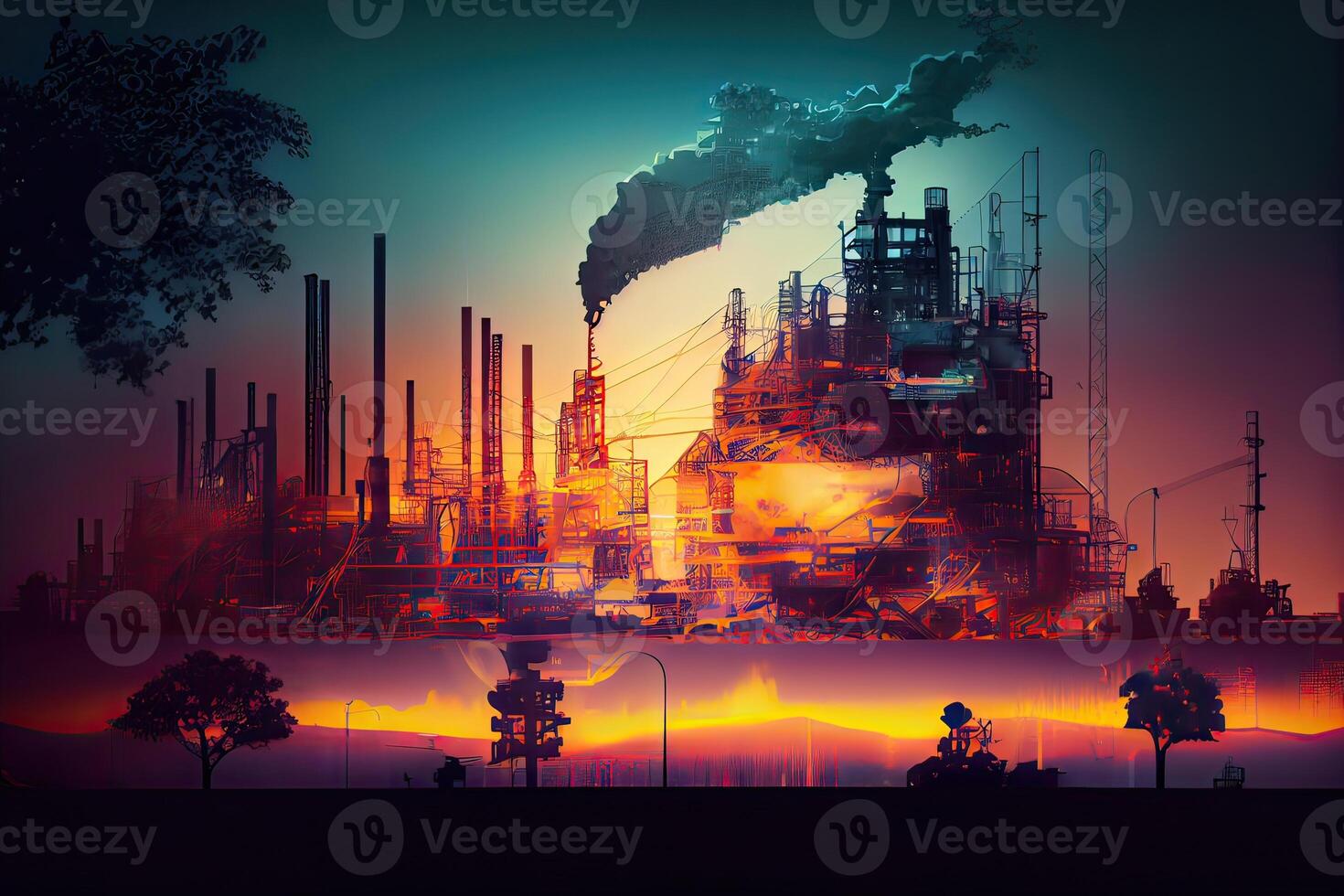 generativ ai illustration av en dubbel- exponering konstverk, ett olja, gas, och petrokemiska raffinaderi anläggning demonstrerar de framtida av elektricitet och de ingenjör foto