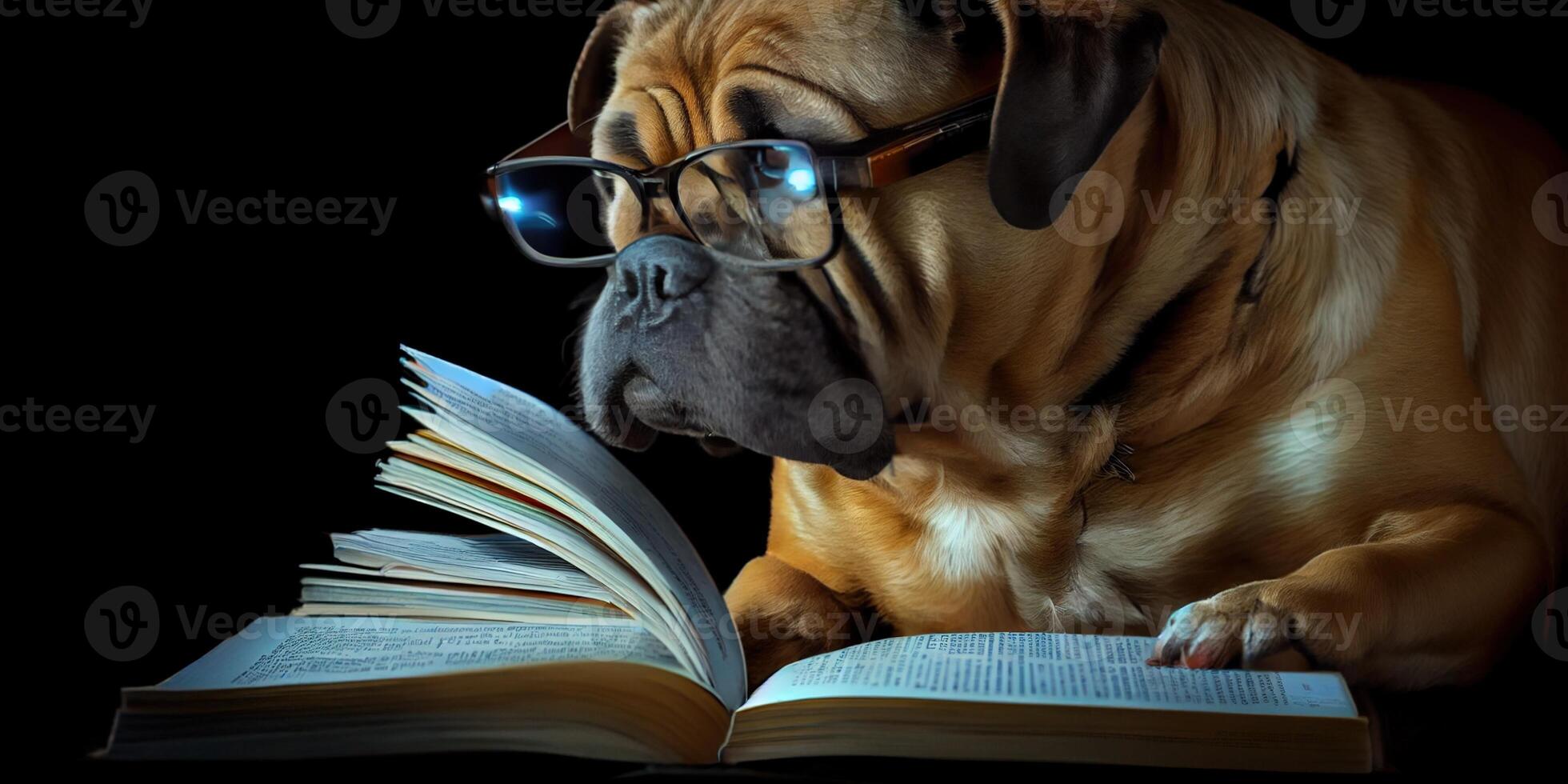 generativ ai illustration av intelligent allvarlig hund i glasögon läsning en bok, volumn ljus foto