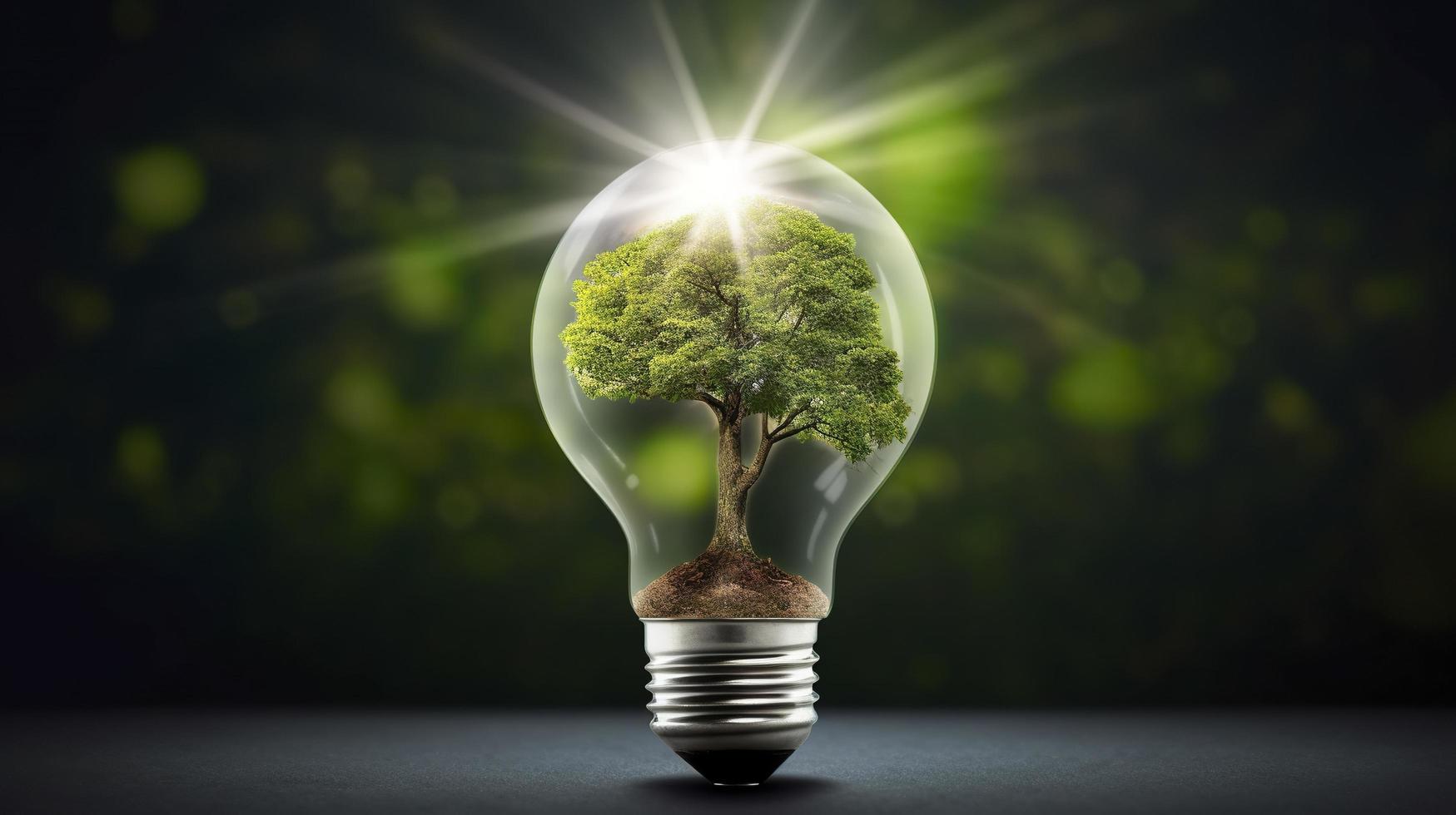 värld formad träd i ljus Glödlampa begrepp av miljö- bevarande och skyddande natur, generat ai foto