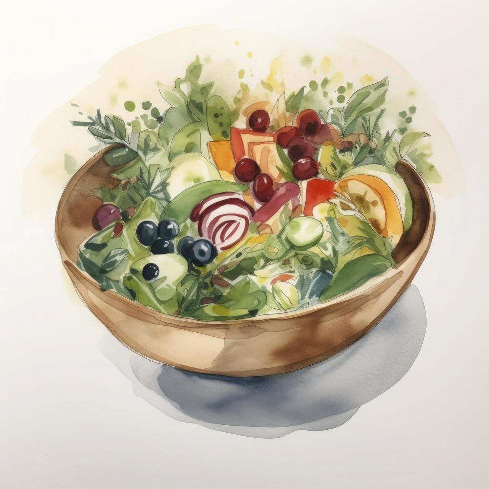 lätt abstrakt vattenfärg teckning av en sallad skål, vit bakgrund, generera ai foto