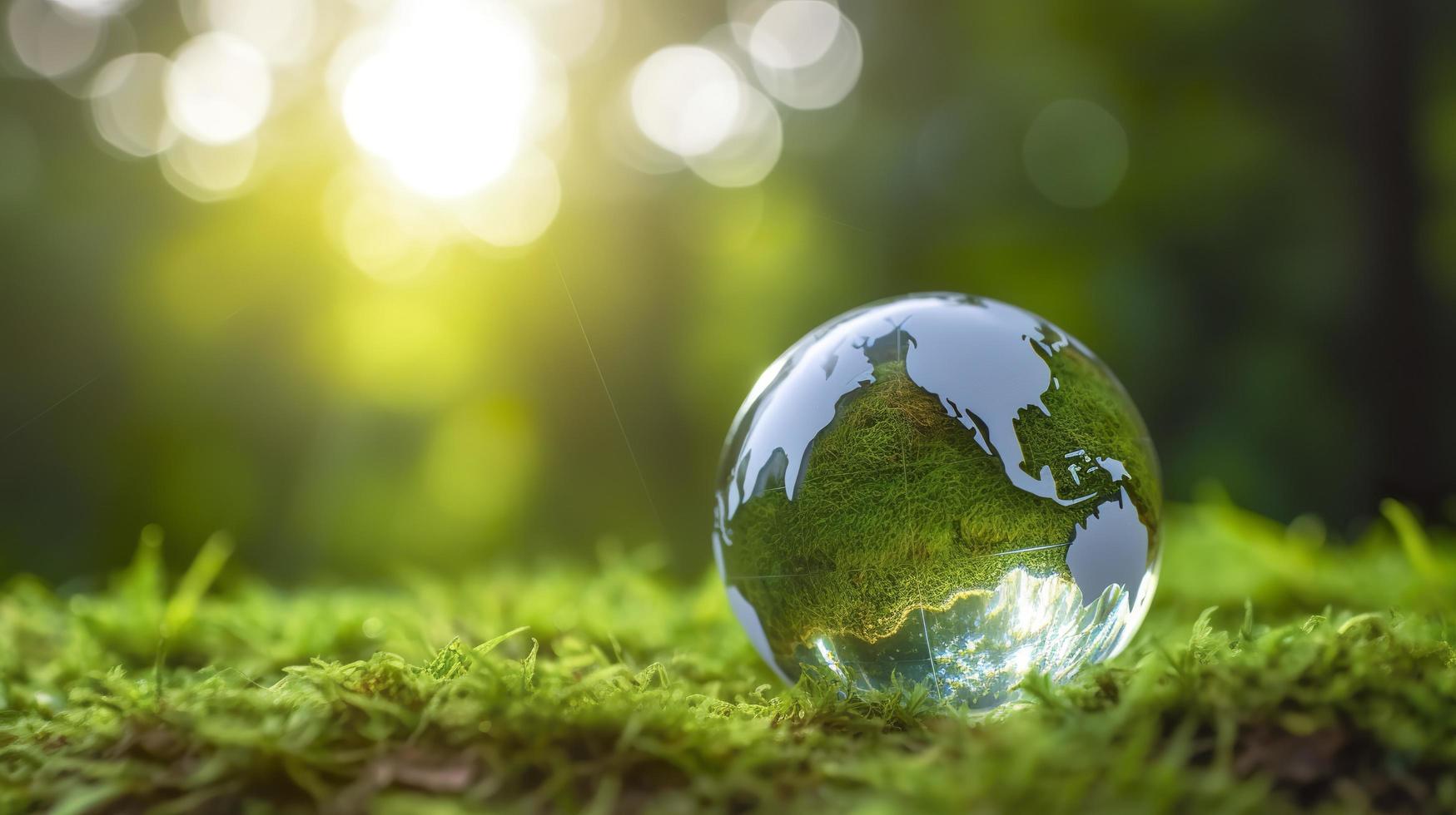 en glas klot begrepp dag jord spara de värld spara miljö de värld är i de gräs av de grön bokeh bakgrund, generat ai foto