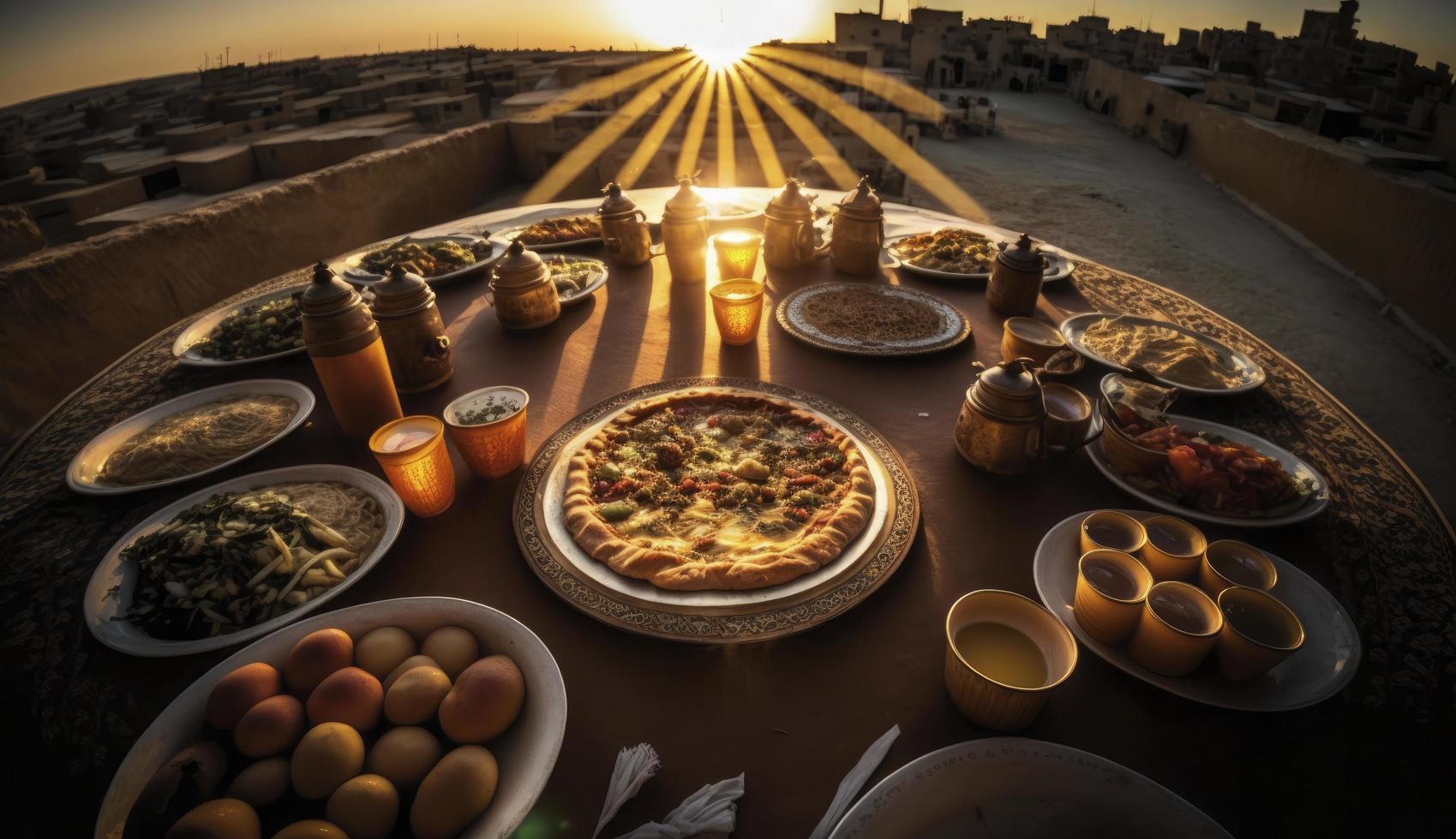 ramadan iftar mat, iftar måltider och sammankomster, ramadan iftar eid. muslim familj har middag på Hem. tabell med traditionell mat. eid al-fitr firande, generera ai foto