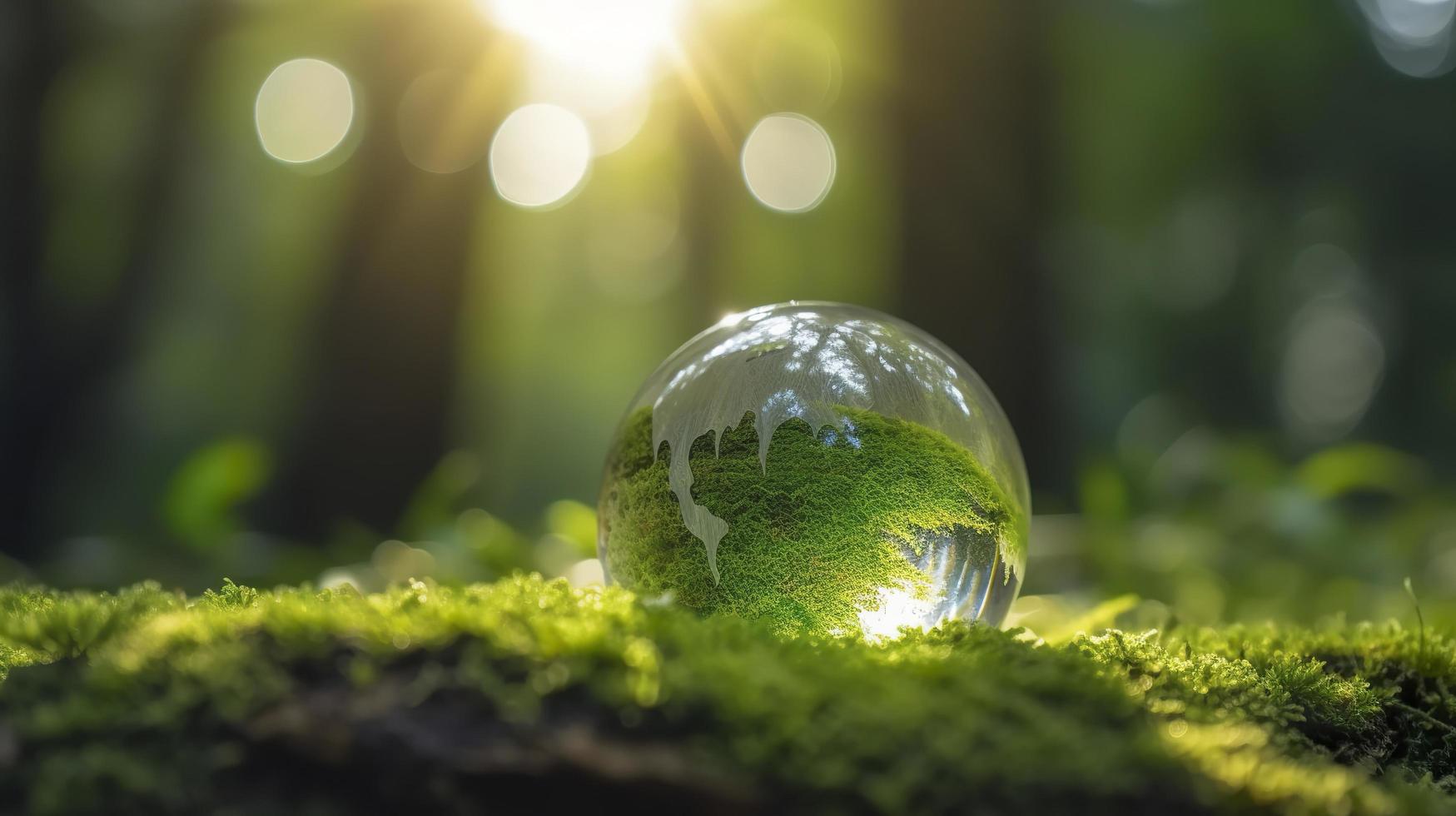 Foto solljus med jord sfär kristall eller hållbar klot glas på grön mossa natur bakgrund i ekologi miljö skog begrepp av träd bevarande miljö- planet eko, generat ai