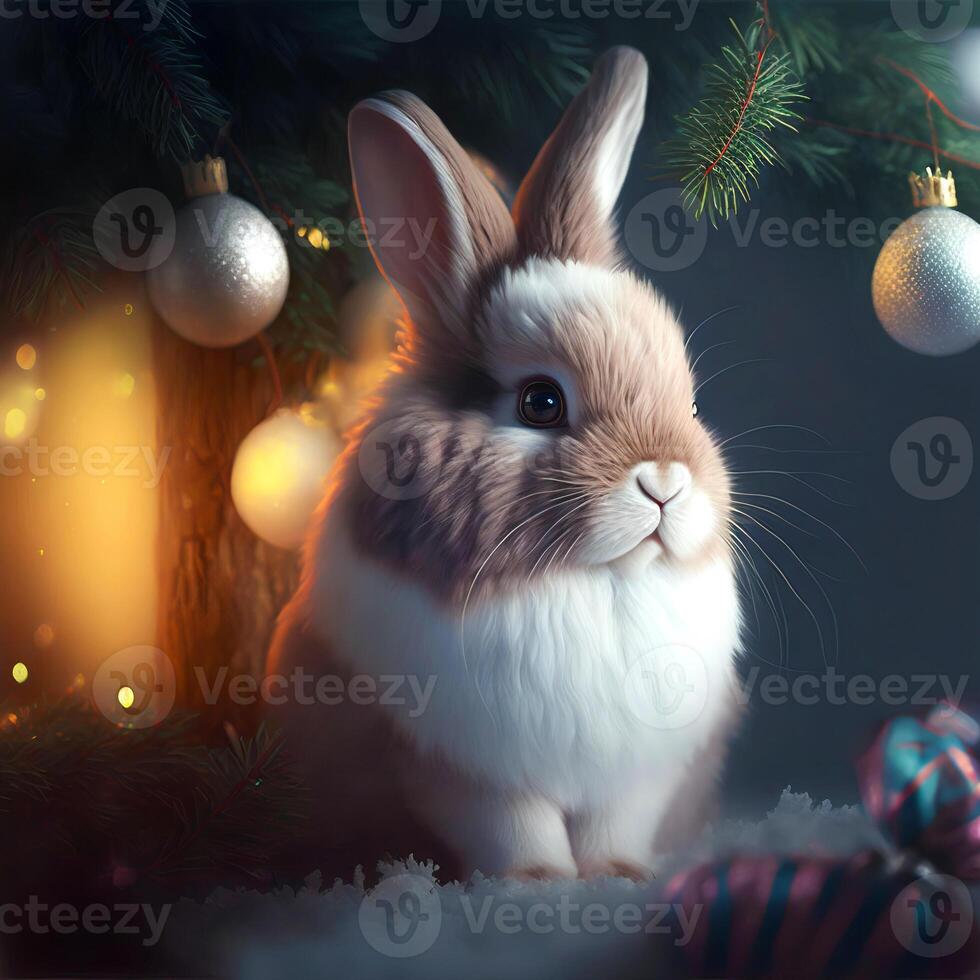en skön söt kanin Sammanträde i de snö under en jul träd med ny år leksaker.nya år illustration av en kanin under en träd närliggande med jul träd grenar och snow.ai genererad. foto