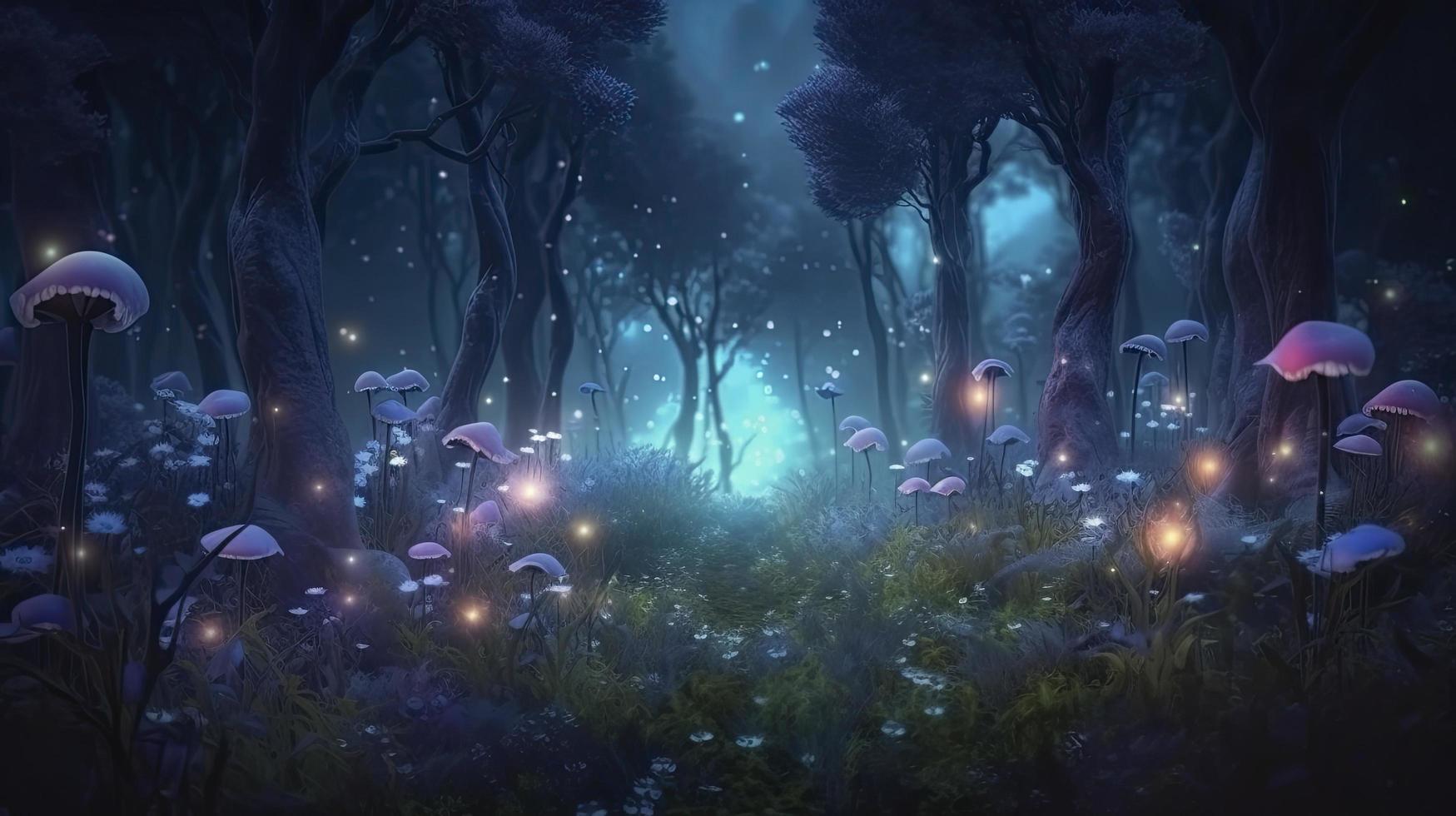 fantasi skog på natt, magi lysande blommor i saga trä, generera ai foto