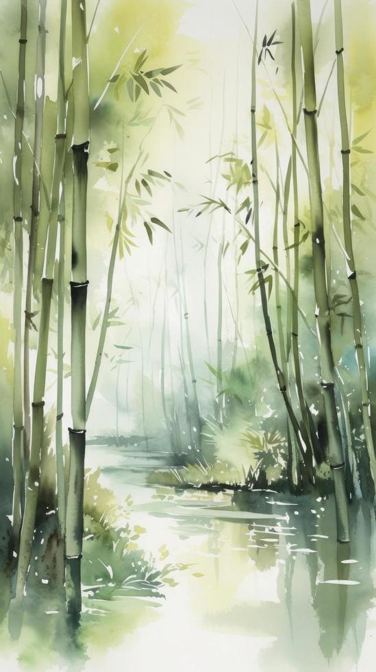 vattenfärg ljus bambu skog med sida se och enkel vit bakgrund, med små flod, generera ai foto