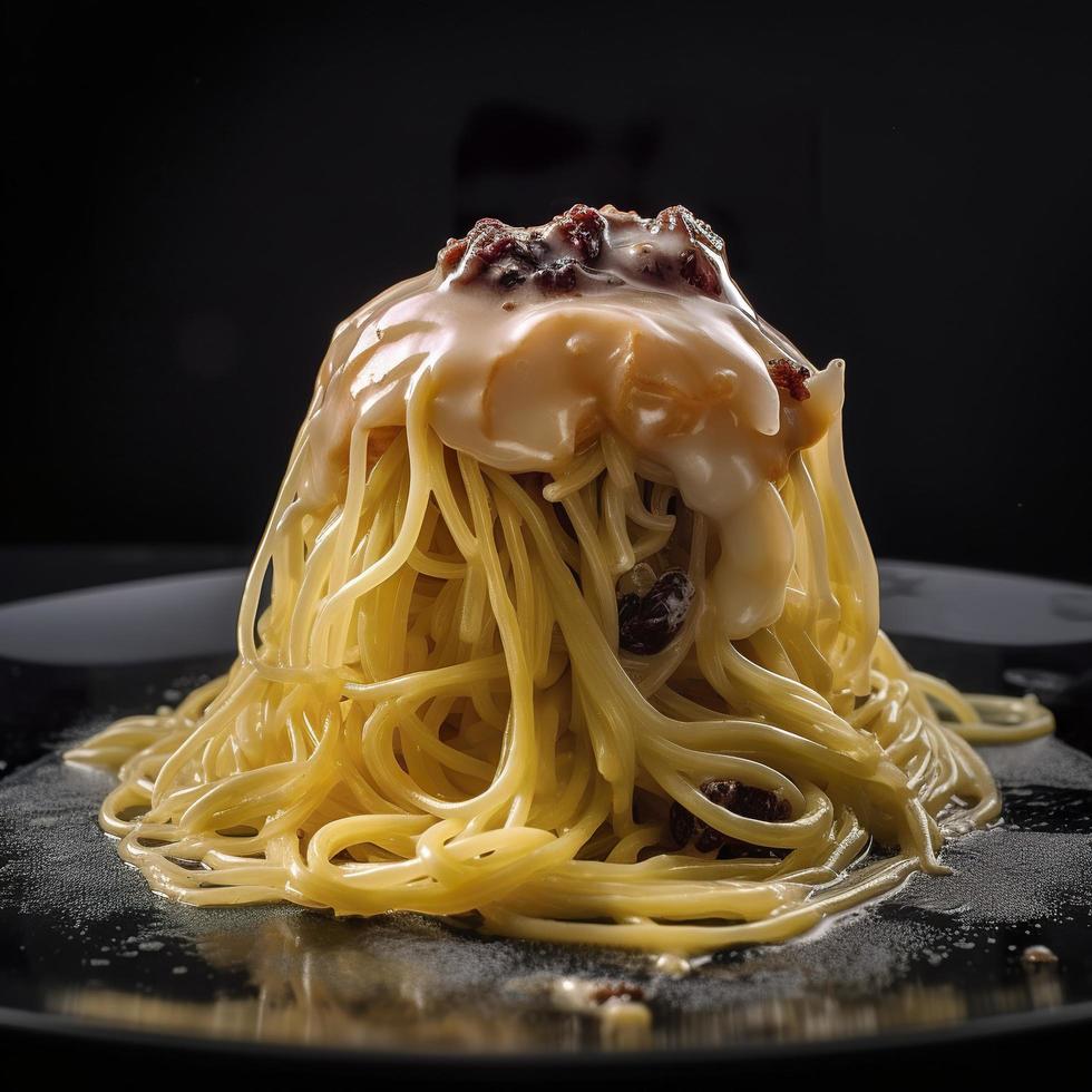 molekyl gastronomi inspirerad rekonstruerad spaghetti carbonara, modern konst ytterst detaljerad ringa dining molekyl gastronomi spaghetti carbonara konst, generat ai foto