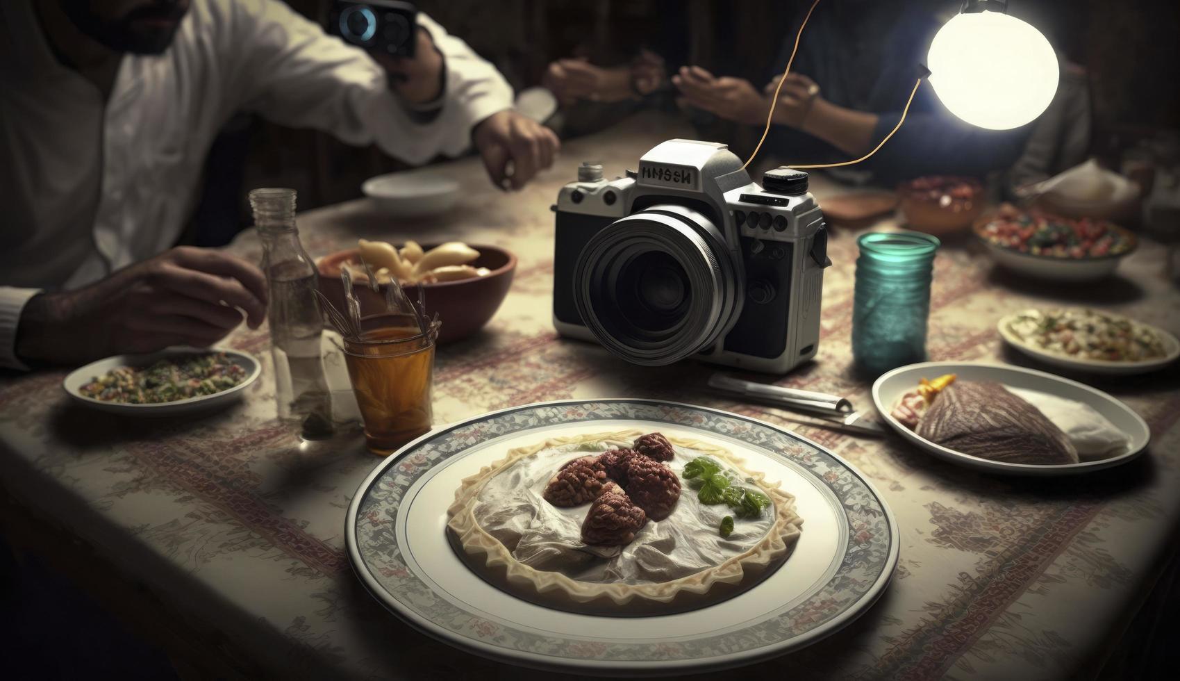 ramadan iftar mat, iftar måltider och sammankomster, ramadan iftar eid. muslim familj har middag på Hem. tabell med traditionell mat. eid al-fitr firande, generera ai foto