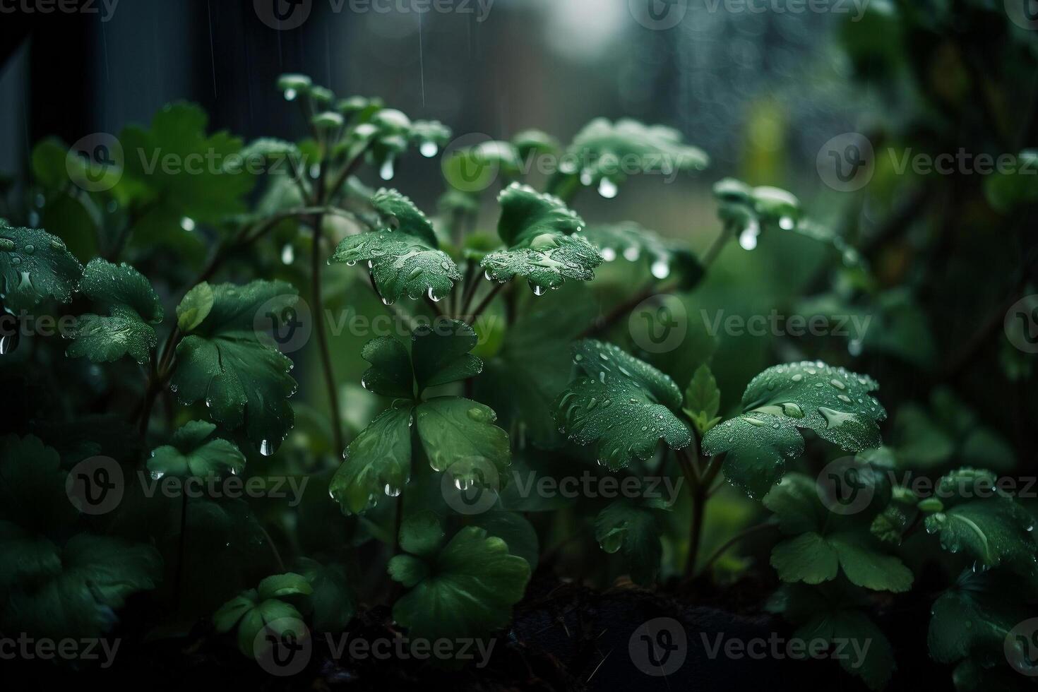 de regn falls på de växter. ai genererad foto