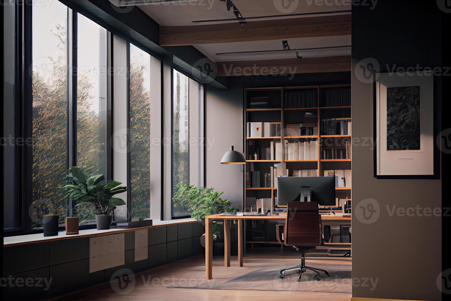arkitektonisk visualisering av ett kontor genererad ai foto