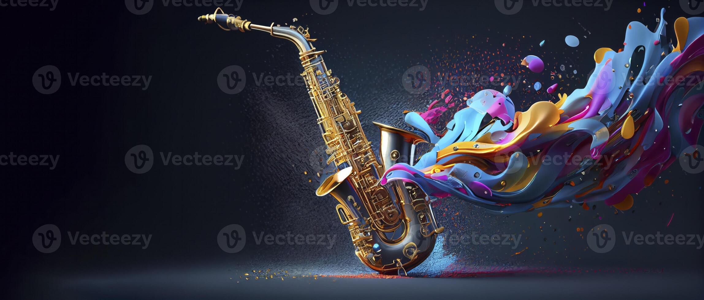 skön saxofon med magisk stänk textur för musik baner festival ai genererad foto