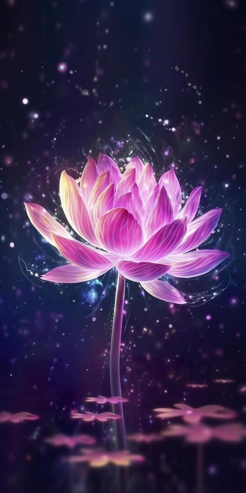 de bakgrund starlight är lysande ljust, en rosa lotus är i full blomma, kristall klar och petig, de hjärta av de blomma är tycka om en eldfluga lysande, generat ai foto