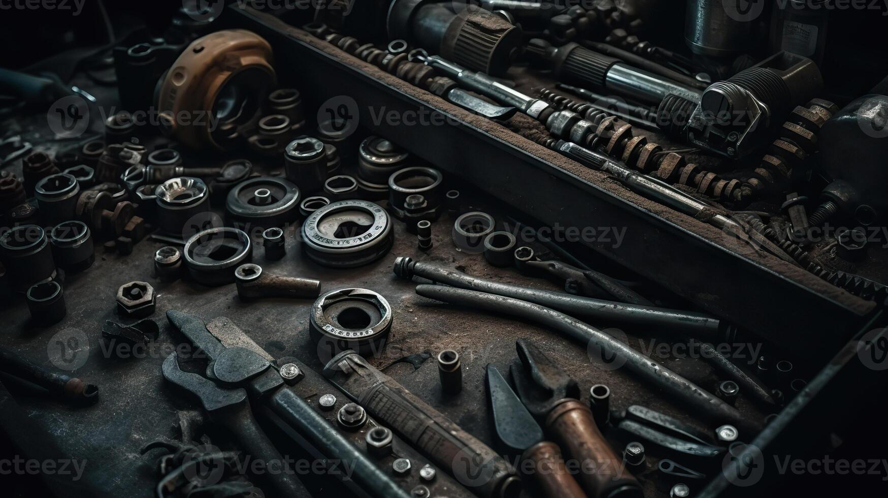 ai genererad. generativ ai. retro årgång bil service mekaniker garage verktyg Utrustning smattra. kan vara Begagnade för affär dekoration. grafisk konst illustration. foto